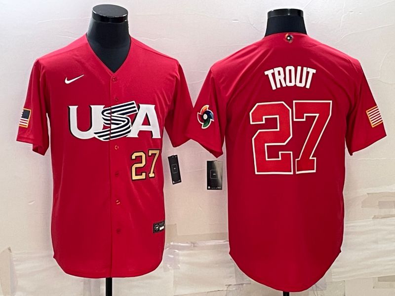 Men 2023 World Cub USA #27 Trout Red Nike MLB Jersey4